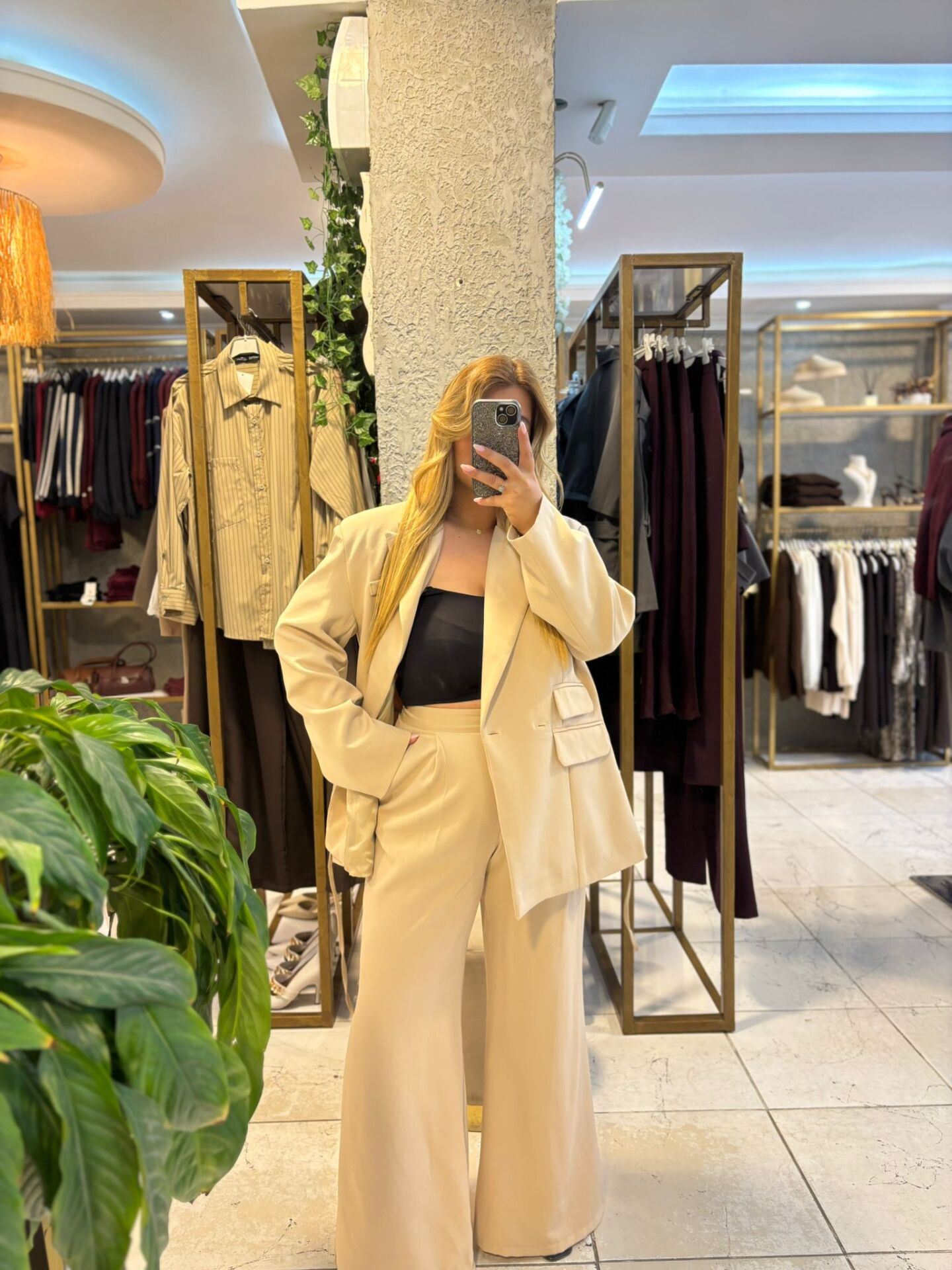 Krem Blazer Ceket/Pantolon Takım