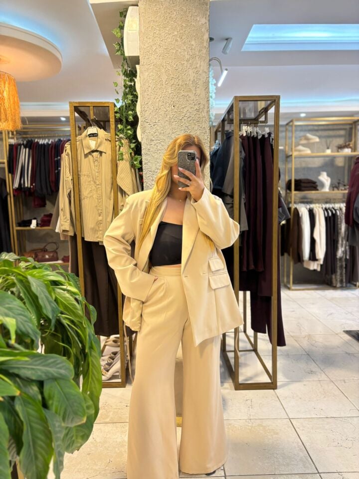 Krem Blazer Ceket/Pantolon Takım