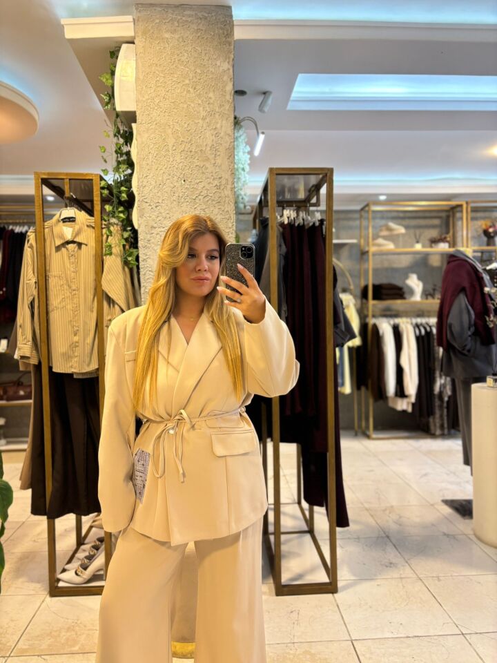 Krem Blazer Ceket/Pantolon Takım