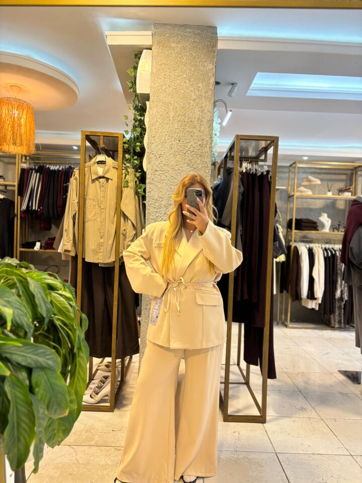 Krem Blazer Ceket/Pantolon Takım