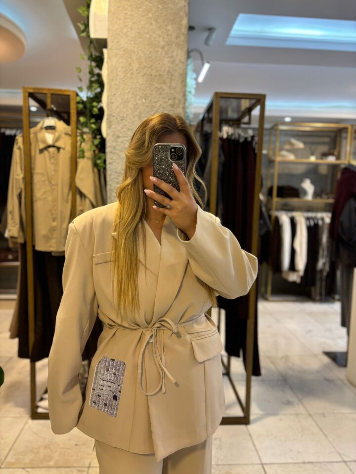 Krem Blazer Ceket/Pantolon Takım