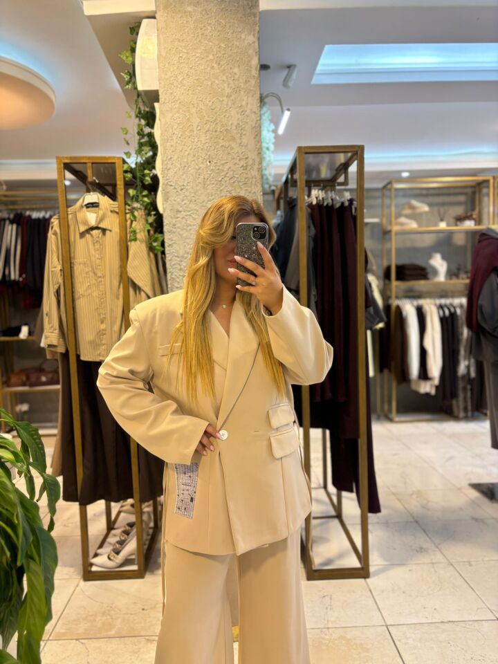 Krem Blazer Ceket/Pantolon Takım