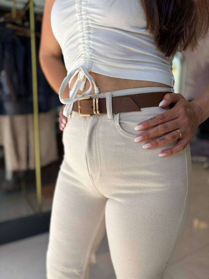 Krem Kemerli Kot Pantolon