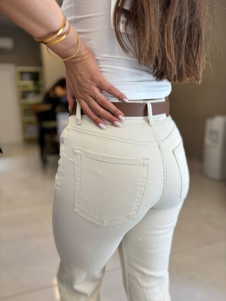 Krem Kemerli Kot Pantolon