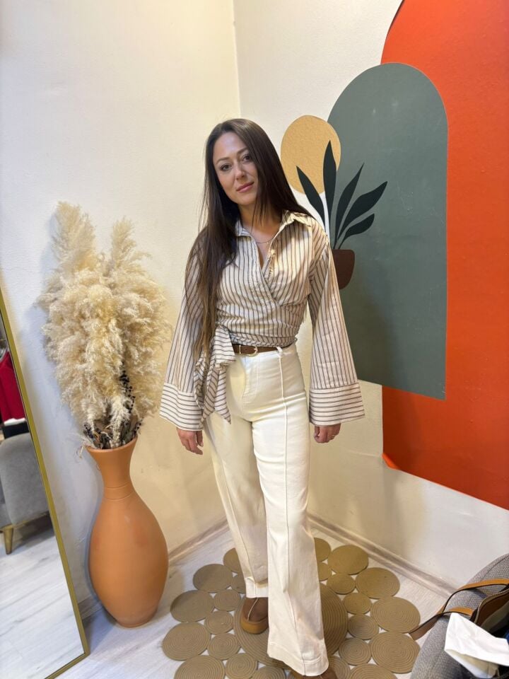 Krem Kemerli Kot Pantolon