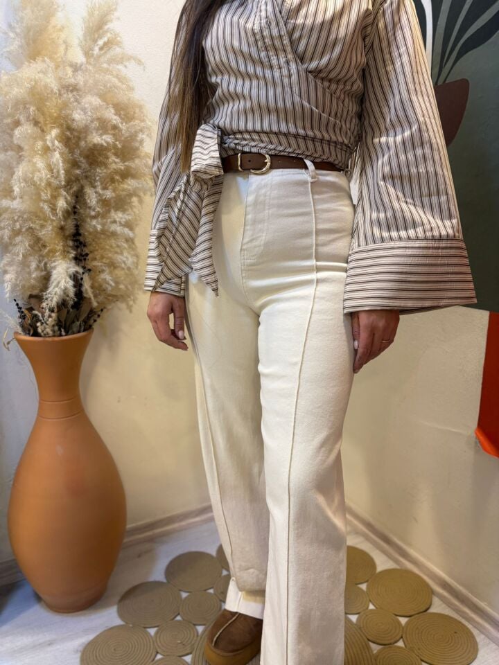 Krem Kemerli Kot Pantolon