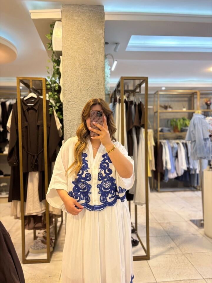 Mavi İşlemeli Bluz/Etek Takım