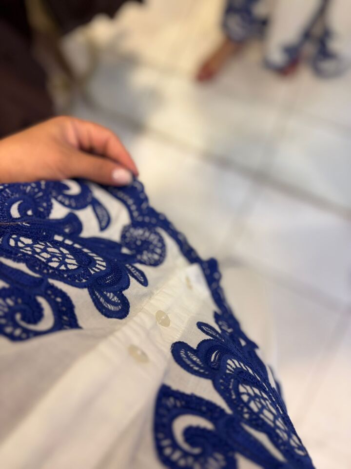 Mavi İşlemeli Bluz/Etek Takım