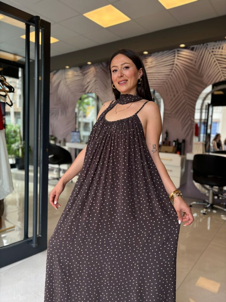 Kahve Puantiyeli Askılı Bluz