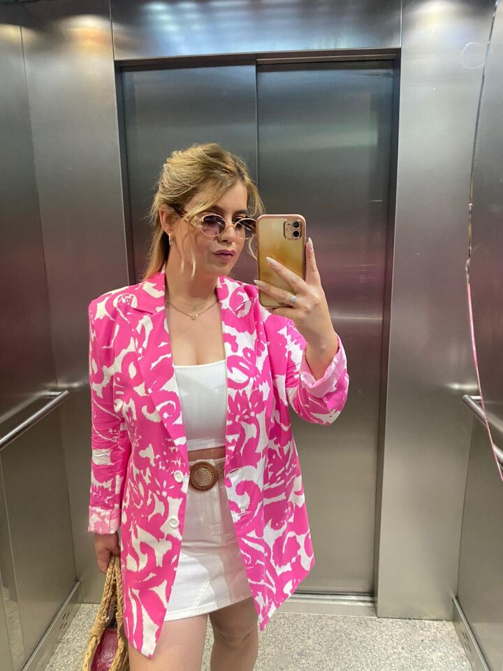 Pembe Bloklu Tensel Blazer Ceket