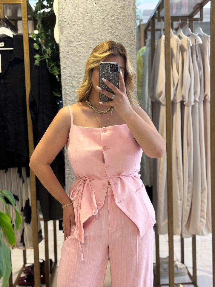 Pembe Keten Pantolon/Yelek Takım