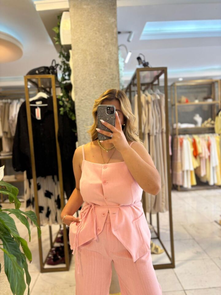 Pembe Keten Pantolon/Yelek Takım