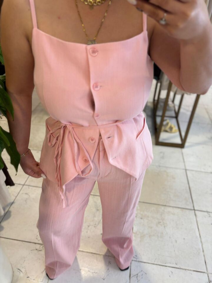 Pembe Keten Pantolon/Yelek Takım