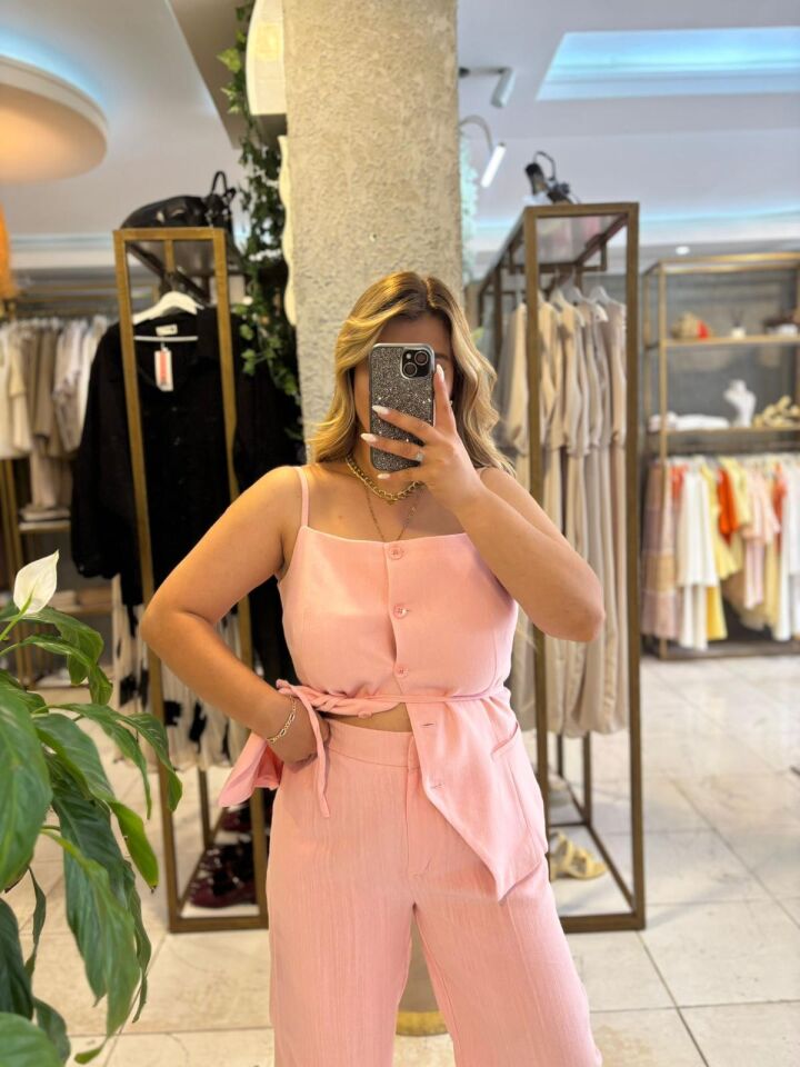 Pembe Keten Pantolon/Yelek Takım