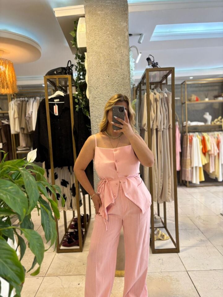 Pembe Keten Pantolon/Yelek Takım