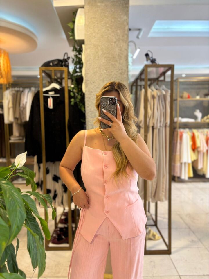 Pembe Keten Pantolon/Yelek Takım