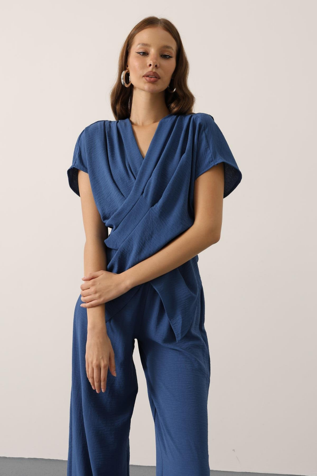 Mavi Tensel Pantolon/Bluz Takım