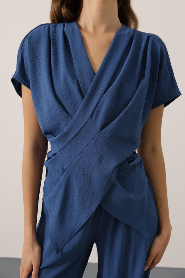 Mavi Tensel Pantolon/Bluz Takım