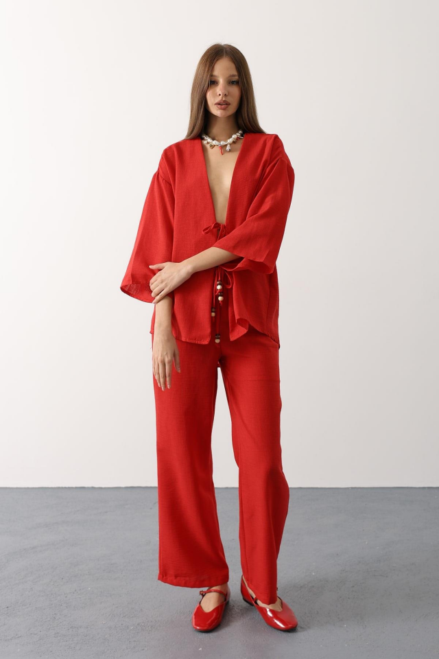 Kırmızı Pantolon/ Bağlamalı Bluz Takım