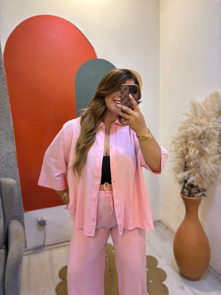 Keten Pembe Gömlek/Pantolon Takım