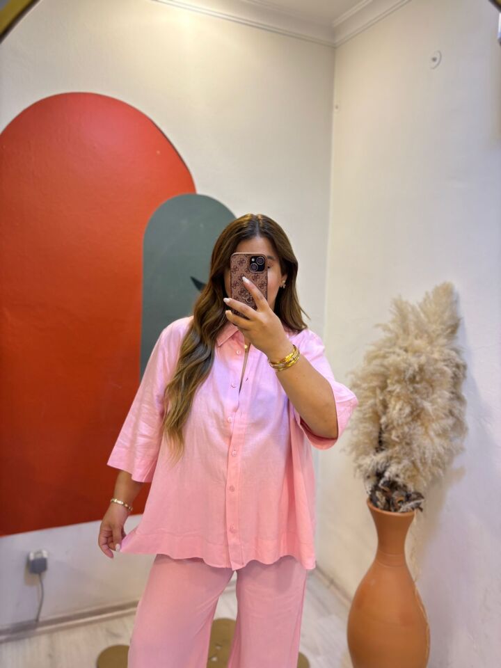 Keten Pembe Gömlek/Pantolon Takım